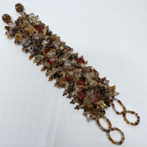 Statement Wide Quartz Gemstone Seed Bead Woven Bracelet Boho Statement Fashion - Picture 2 of 7